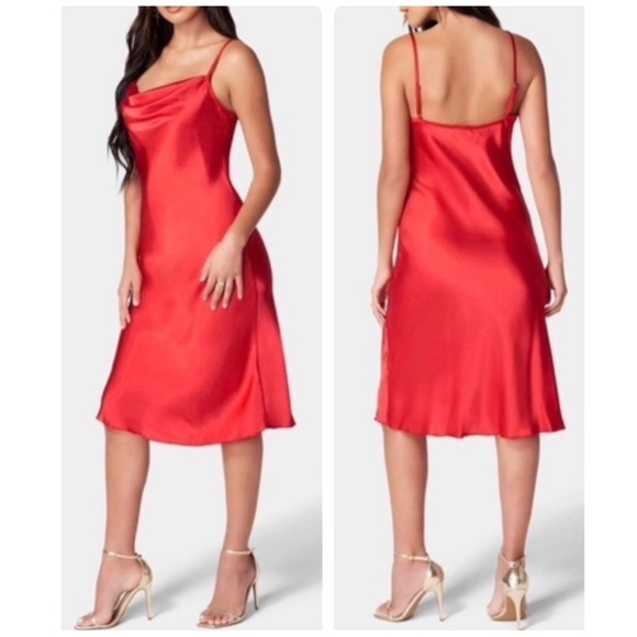 Bebe Y2K-Inspired Red Satin Cowl Neck Midi Slip Dress Size Medium NEW - Picture 10 of 15